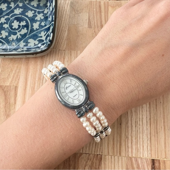 Gems 925 Sterling silver white pearl beaded bracelet dress watch NEW BATTERY - Picture 2 of 16